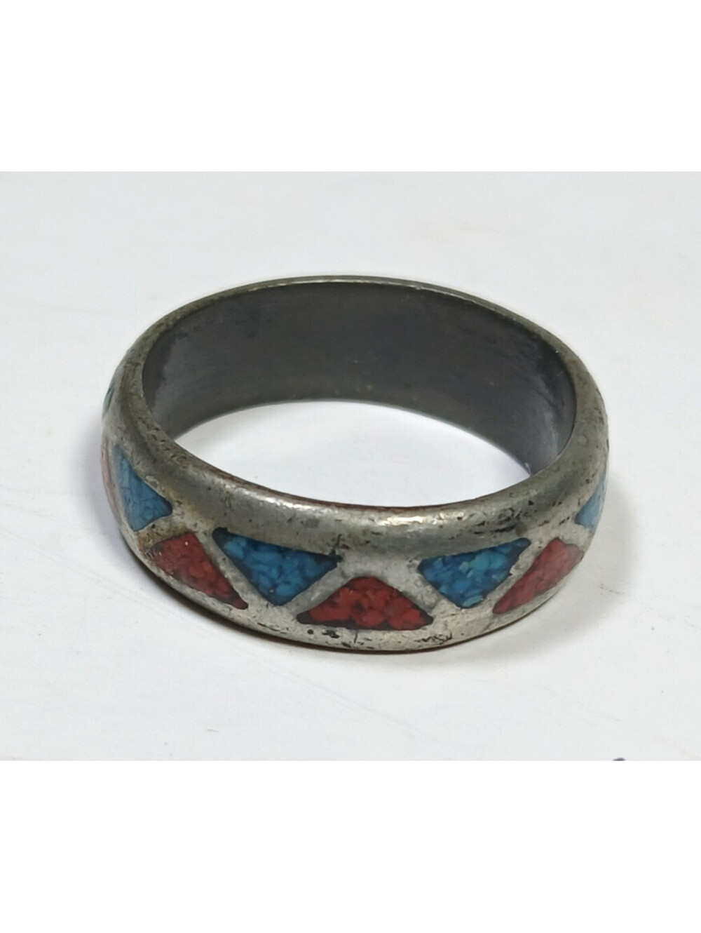 Vtg Silver Crushed Turquoise Coral Inlay Band Ring Southwestern Jewelry sz 9